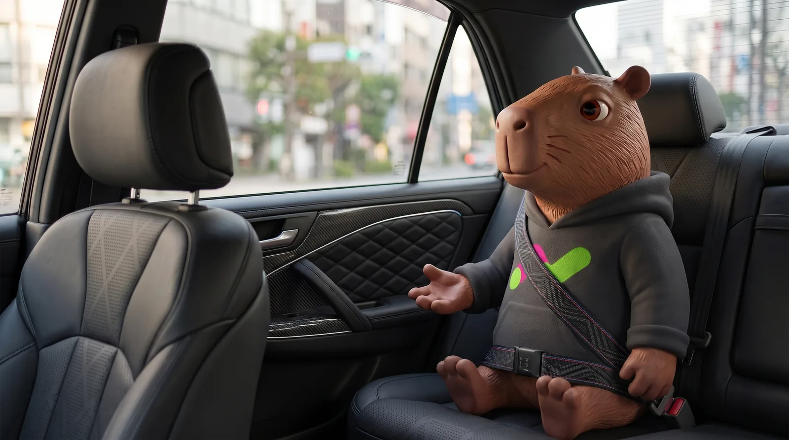 CarTincho viajando en el asiento de atrás, mirando por la ventanilla